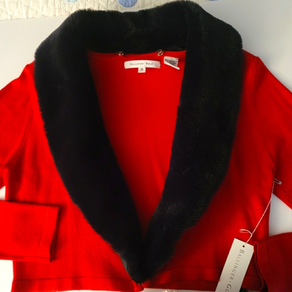 Red cardigan with button out shawl collar (faux fur), M, w tags, Ballinger Gold - Picture 2 of 4